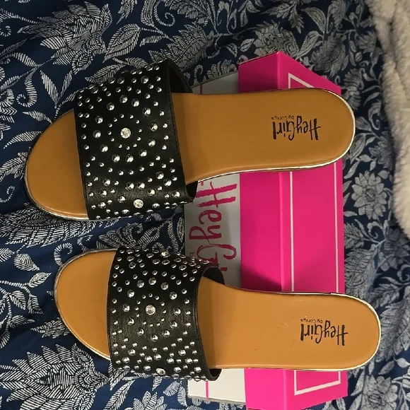 Hey Girl, by Corkys * Black studded slides * Sz 9 * NEVER WORN * - Picture 1 of 5